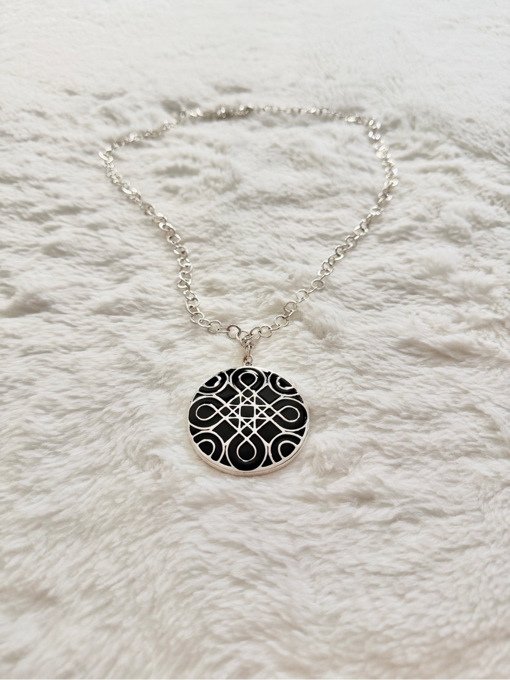 Black and Silver Enamel Pendant Necklace Silver Loop Chain Costume Jewelry